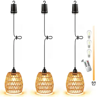 3 x Rattan Hängelampe mit Batterie, Dimmbar Hängeleuchte Batteriebetriebene Lampe mit Fernbedienung Ohne Stromanschluss, Außen Innen Tragbare Boho Korb Lampenschirm Pendelleuchte für Garten Balkon