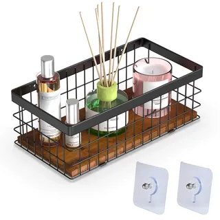 Alyoen Drahtkorb mit Dekorativer Holzbasis, Metallkorb Schwarz für Toilettenpapier, Kosmetik & Gewürze, Wandkorb für Badezimmer und Küche