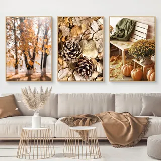Uixxducc 3er Herbst Poster Set, Aesthetic Tannenzapfen Kürbis Blätter Bilder Set, Natur Herbst Wandbilder Wohnzimmer Wanddeko für Schlafzimmer, Ohne Rahmen (40x50cm)