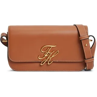 Umhängetasche TOMMY HILFIGER "TH SCRIPT FLAP CROSSOVER", Damen, Gr. B/H/T: 22,5cm x 12cm x 6cm, cognac, Leder, Taschen Umhängetasche, Schultertasche, Handtasche, Mulitfach, Clutch mit Logo