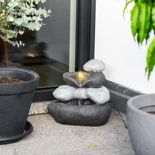esotec Solar Felsenbrunnen mit Akku + LED Licht Springbrunnen wetterfest 101323 - Grau