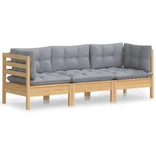 vidaXL 3-Sitzer-Gartensofa mit Grauen Kissen Massivholz Kiefer - Grau