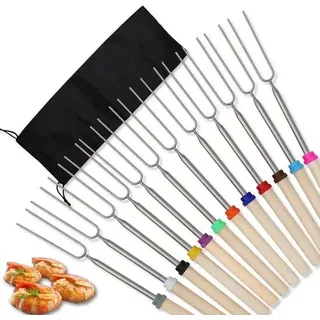 Ibenzoa® Teleskop-Grillspieße 12er Set – 30,5–81,3 cm, Edelstahl mit Holzgriff, Antihaft, bunt, inkl. schwarze Tragetasche für Marshmallows, Würstchen & Gemüse - Blau
