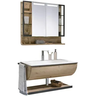 Voglauer Badezimmer , Weiß, Eichefarben , Holz, Glas , 4-teilig , Eiche , furniert, mehrschichtige Massivholzplatte (Tischlerplatte) , 1 Schubladen , 96 cm , Goldenes M, Made in Austria , hängend, Typenvielfalt , Badezimmer, Badmöbelsets & Badmöbelserien, Badmöbel-Sets