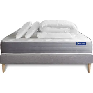 Komplettpaket Bett - Matratze 160x200 cm + Boxspringbett mit Lattenrost (im Set) + 2 Kopfkissen + Bettdecke - Actiflex Dream - Grau