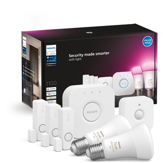 Philips Hue Secure Starter Kit mit 3 sicheren Kontaktsensoren (weiß), 1 Bewegungssensor für den Innenbereich, 2 Philips Hue White Ambiance & Color E27 LED Lampen, 1 Bridge