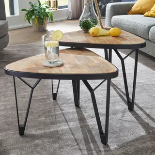 FineBuy Couchtisch 2er Set Mango / Akazie Massivholz Satztisch Dreieckig Wohnzimmertisch Braun mit Metallbeine Tischset 2-teilig Satztisch Holz - Braun