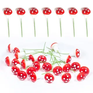 JKITNHJOT 30 Stück Mini Pilze Deko, 25 mm Deko Fliegenpilze am Drath für Herbstdeko, Tischdeko, Hochzeit, Kindergeburtstag, Miniatur Landschaften und Garten, Weihnachten