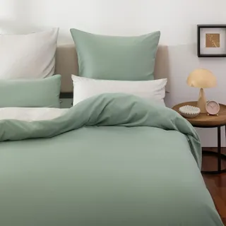 Blumtal Premium Extra Weiche Winter Bettwäsche Wendedesign 155x220 cm & 2x Kissenbezug 80x80 cm - Bettbezüge Mikrofaser, 3 teilig, Moonlight grey - Grau / Summer green - Grün