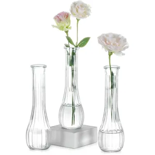 NUPTIO Kleine Glasvasen für Tischdeko Blumenvase: 3 Stück 21,7cm Hoch Schmale Klein Vase für Hochzeitsdeko - Durchsichtig Gerippte Vasen Set für Wohnzimmer Geburtstag Party Deko