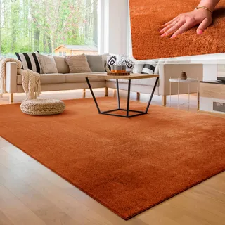 Paco Home Teppich Wohnzimmer Kurzflor weich, rutschfest Modern Einfarbiges Muster Orange, Grösse:80x300 cm