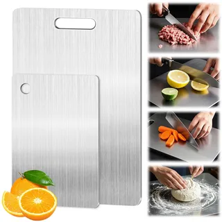 2 Stück Titan Schneidebrett,Titanium Cutting Board,Doppelseitiges Lebensmittelqualität S304 Küchenspezifisch,Langlebig und Leicht zu Reinigen für Fleisch Obst Gemüse