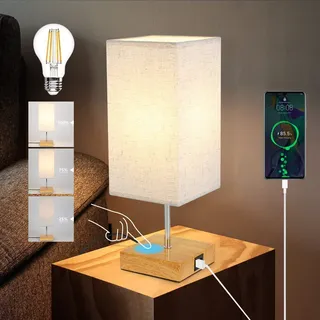 ZMH Nachttischlampe 2er touch dimmbar mit Ladefunktion USB E27 Aufladbar Nachtlicht Licht mit Stoff Lampenschirm für Wohnzimmer Schlafzimmer - Weiß