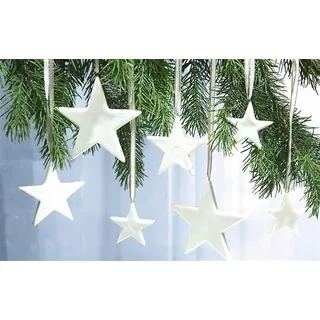 12 Sterne aus Porzellan, weiß, Weihnachtsbaumschmuck, Dekohänger, Weihnachtsdeko, Christbaumschmuck - Weiß