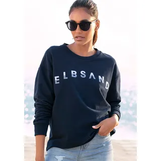 Sweatshirt ELBSAND "Sontje", Damen, Gr. M (38), blau (marine), Sweatware, Obermaterial: 95% Baumwolle, 5% Elasthan, unifarben, figurumspielend hüftlang, Rundhals, Sweatshirts Sweatshirt, mit Flockprint vorne, sportlich-casual