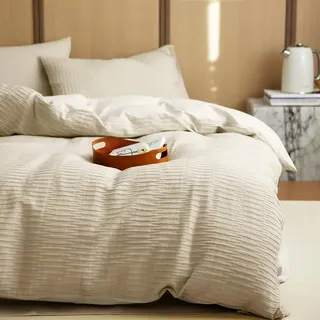 Seersucker Bettwäsche 140x200 Beige Chic Bettbezug mit Kissenbezug 70x90 | Sommerbettwäsche Set, Modern, Kühlende, Strukturiert, Sommer, Atmungsaktiv, Leicht, Microfaser, Reißverschluss, Einzelbett