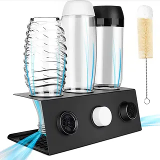 AMSAMOTION Flaschenhalter kompatibel mit SodaStream und gängige Wasserflaschen, 3er Edelstahl Abtropfhalter, Abtropfständer Abtropfgestell Silikonschutzringe, Abtropfmatte Flaschenbürste Deckelhalter