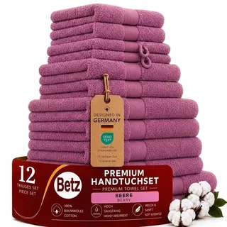 Betz Premium Handtuch-Set 12-teilig – 100% Baumwolle – Oeko-TEX® Zertifiziert – extra saugfähig & weich – hohe Grammatur – Duschtücher, Handtücher, Gästetücher & Waschhandschuhe - Farbe Beere