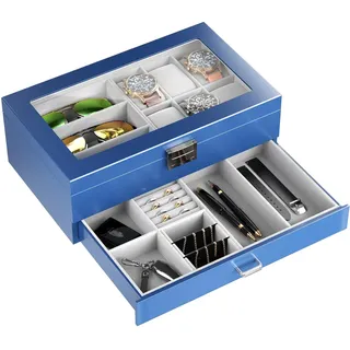 ProCase Uhrenbox aus Holz mit 6 Fächern, Uhren und Sonnenbrillen Aufbewahrung mit 2 Ebenen, Schmuckkästchen für Herren, Uhrenkasten mit Glasdeckel -Königsblau