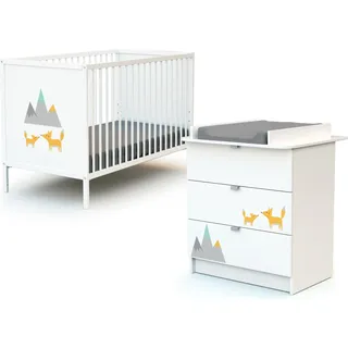 WEBABY - Duo aus Babybett und Kommode Weiß Renard Panda | 60x120 Bett | Verstellbarer Lattenrost in 3 Höhen | Kommode mit 3 Schubladen | Abnehmbarer Wickeltisch inklusive - Weiß