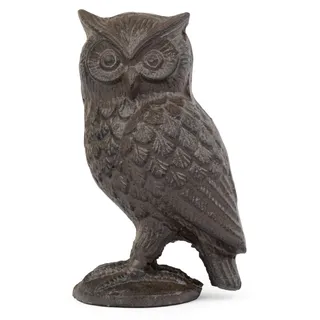 Moritz Gartenfigur Eule 15 cm Gusseisen braun Antik-Optik - Dekofigur mit Federohren auf rundem Sockel für Beet Terrasse Balkon und Fensterbank - Braun