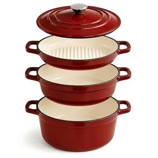 AHJ Topfset Gusseisen Emailliert, 4-teiliges stapelbares Schmortopf Set mit 4,5L Brotbacktopf/Dutch Oven, 2,5L Bräter, 1,2L Grillpfanne und Deckel, antihaftend, backofengeeignet bis 260°C, Rot