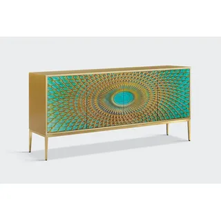 KAWOLA Sideboard LAGO 4 Türen Glas grün Fuß Edelstahl goldfarben