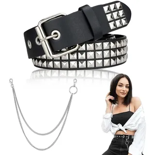 Punk Rock Nietengürtel für Punk-Ledergürtel Gotischer Gürtel Schwarzer Studded Belt - Punk Rock Nietengürtel mit Doppellagiger Kette, Perfekt für Gothic, Emo, Grunge und Punk-Outfit