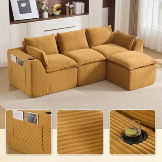 LVHOM Modulsofa 3-Sitzer Cord, L-Form Wohnlandschaft mit Getränkehalter & Seitentaschen, Big Sofa Couch, 256cm, Gelb - Gelb