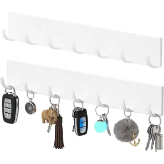 Toski Schlüsselbrett ohne bohren, 2 Stück Schlüsselhaken mit 7 Haken Weiß | Schlüsselhalter mit starkem klebrigem Kleber ohne Spuren, Schlüsselleiste für Wohnzimmer Küche, Home, Modern
