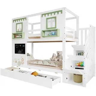 Wishdor Etagenbett 90/200 cm in Weiß & Grün mit 2 Schubladen und Treppenregal , Weiß, Grün , Holz, Holzwerkstoff , Rechteckig , 90x200 cm , Babymöbel & Kindermöbel, Kinderzimmer & Jugendzimmer, Stockbetten