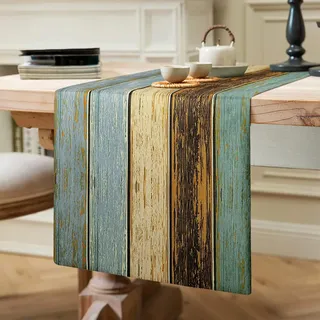 Tischläufer Modern Grün Blau Braun - Antik Alt Rustikal Holz Design für Wohnzimmer Esstisch - Frühling Party Hochzeit Geschenk - Leinen 40 x 140 cm