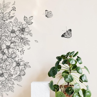 WandSticker4U®- Wandtattoo BLUMEN GEZEICHNET I Wandbild: 90x40 cm I Wandsticker Blüten Blätter Schmetterlinge Strichzeichnung I Wand Deko Aufkleber für Wohnzimmer Schlafzimmer Flur Küche Bad