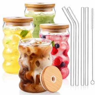 ALINK Plus Size Gerippte Trinkgläser mit Deckel und Strohhalm 4er Set, 530ml bubble glas,Eiskaffeegläser, wave glas, Wassergläser,Longdrinkgläser für Cocktail,Wasser, Soda, Geschenk