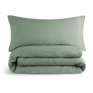 Blumtal Musselin Bettwäsche 135x200 cm + 40x80 cm - Oeko-TEX zert. Bettwäsche 135x200 Musselin aus 100% Baumwolle - extra weiches Bettwäsche-Set waschbar bei 40 °C - Sommerbettwäsche Grün