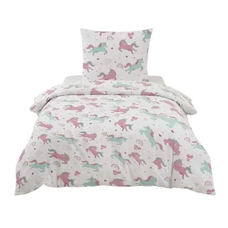 Aminata kids Biber Bettwäsche 135x200 cm Einhorn-Motiv 100% Baumwolle | Kinder Einhorn-Wende-Bettwäsche-Set Mädchen mit YKK Reißverschluss - Unicorn