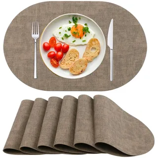 Platzsets Abwaschbar Tischsets 6er Set PU-Leder, Hitzebeständig, rutschfest, Platzset für Esstisch, Küche Oval Braun