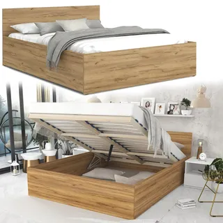 Bett mit Lattenrost Jugendbett Doppelbett mit/ohne Matratze Bettkasten Eiche - 180x200cm