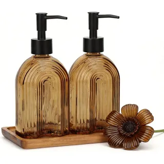 Topsky Seifenspender Glas 2 Stück 330 ml, Spülseifenspender für Küchenspüle und Badezimmer mit Holz-Tablett, Handseifenspender für Küche Arbeitsplatte (Bernstein Regenbogen-Muster)