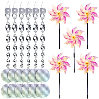 23 Stück Windrad Taubenabwehr Windrad Vogelabwehr Bunte Windräder Taubenabwehr Vogelschreck Windrad Vogelabwehr für Protect Garten,Obstgarten,Hof (5 pink windrad+6 Windspirale+12 Runden Reflektoren)