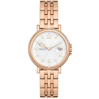 Skagen Signatur Uhr für Damen, Quarzwerk mit Edelstahl- oder Lederarmband, Roségoldton und Weiß, 34MM