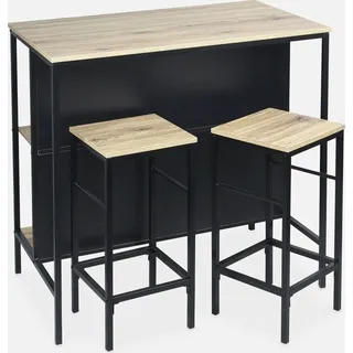 sweeek - Stehtisch mit Holzdekor und Metall mit 2 Regalen + 2 Hocker - Natur - Schwarz