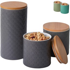 Vorratsdosen Keramik mit Deckel Luftdicht - 3er Vorratsbehälter Set aus Keramik mit Bambusdeckel für Müsli Mehl Kaffee & Zucker Aufbewahrung - Spülmaschinenfest (Grau)