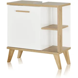 KHG Bad Waschbeckenunterschrank weiß Holz Skandi Look, Tür, Ausschnitt | Badezimmer Beckenschrank minimalistisch, Holz-Optik Eiche, Soft Close, Breite 60 cm, Tiefe 33 cm, 1 Türen, 3 Fächer