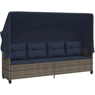 Sonnenliege mit Dach und Kissen, Poly Rattan Gartenliege Grau, Rattan Sonneninsel Outdoor Daybed für Garten, Balkon und Terrasse, 204 x 75 x 140 cm - Grau