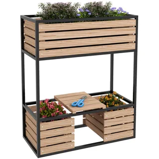Outsunny Hochbeet aus Holz, 2-Stufiger Blumenkasten mit Ablage, für Garten, Balkon, Hellbraun , Braun , Metall, Holz , 39x100x83 cm , Gartenzubehör, Hochbeete