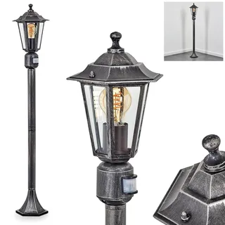 HOFSTEIN Außenstehleuchte Loria, Außenwegeleuchte mit Bewegungsmelder aus Metall/Glas in Schwarz-Silber/Klar, Wegeleuchte im Landhaus/Antik/Retro-Design für Garten, Außenbereich, Hof, 107cm, E27, IP44