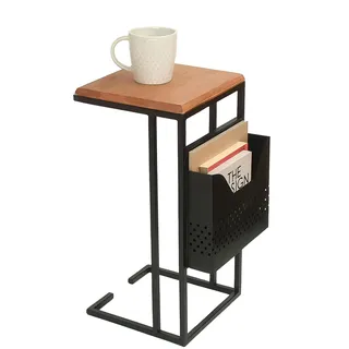 Relaxdays Beistelltisch mit Zeitungsablage, HBT: 63x30x37 cm, Holz, Metall, C-Form, Industrial Sofatisch, braun/schwarz