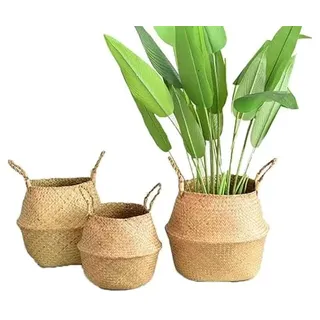 Natürlicher Seegras Korb mit Griff 3 Packung, SZETOSY Handgewebt Klappbares Dekor Lagerung/Waschkorb, 27x24cm, 32x28cm, 36x32cm