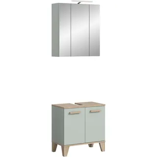 xonox.home – 2 TLG. Badkombination inkl. Beleuchtung Star 60x190x34 cm Hellgrün und Eiche hell – Kompaktes Badmöbel-Set mit LED Spiegelschrank – Perfekt für kleine Bäder oder Gäste-WC